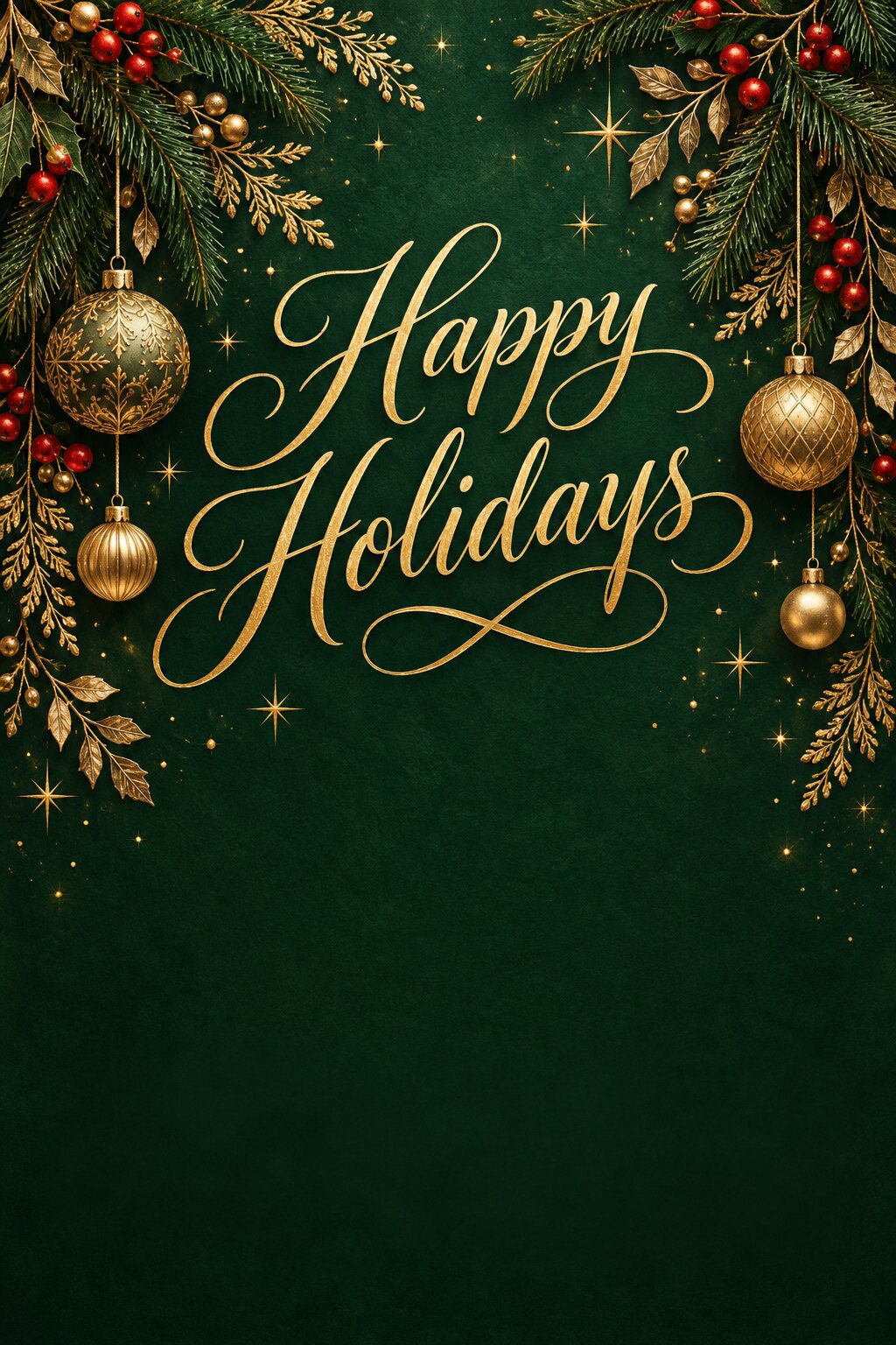 Gold ornaments and evergreen holiday cover