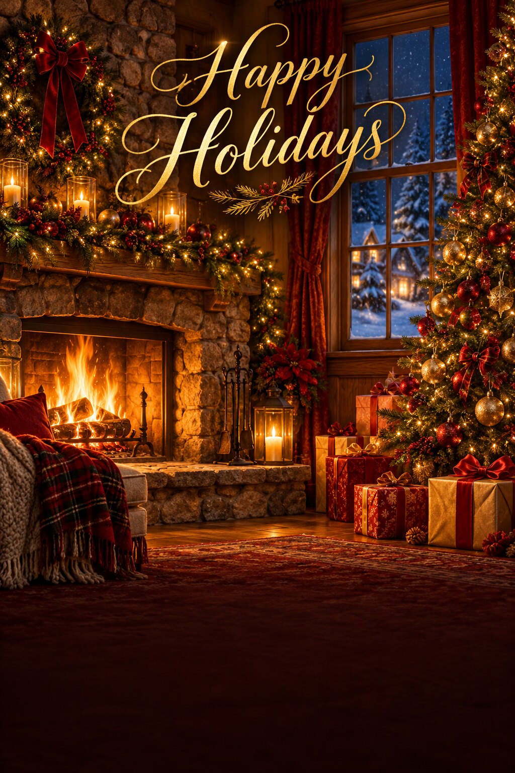 Cozy Christmas fireplace holiday cover