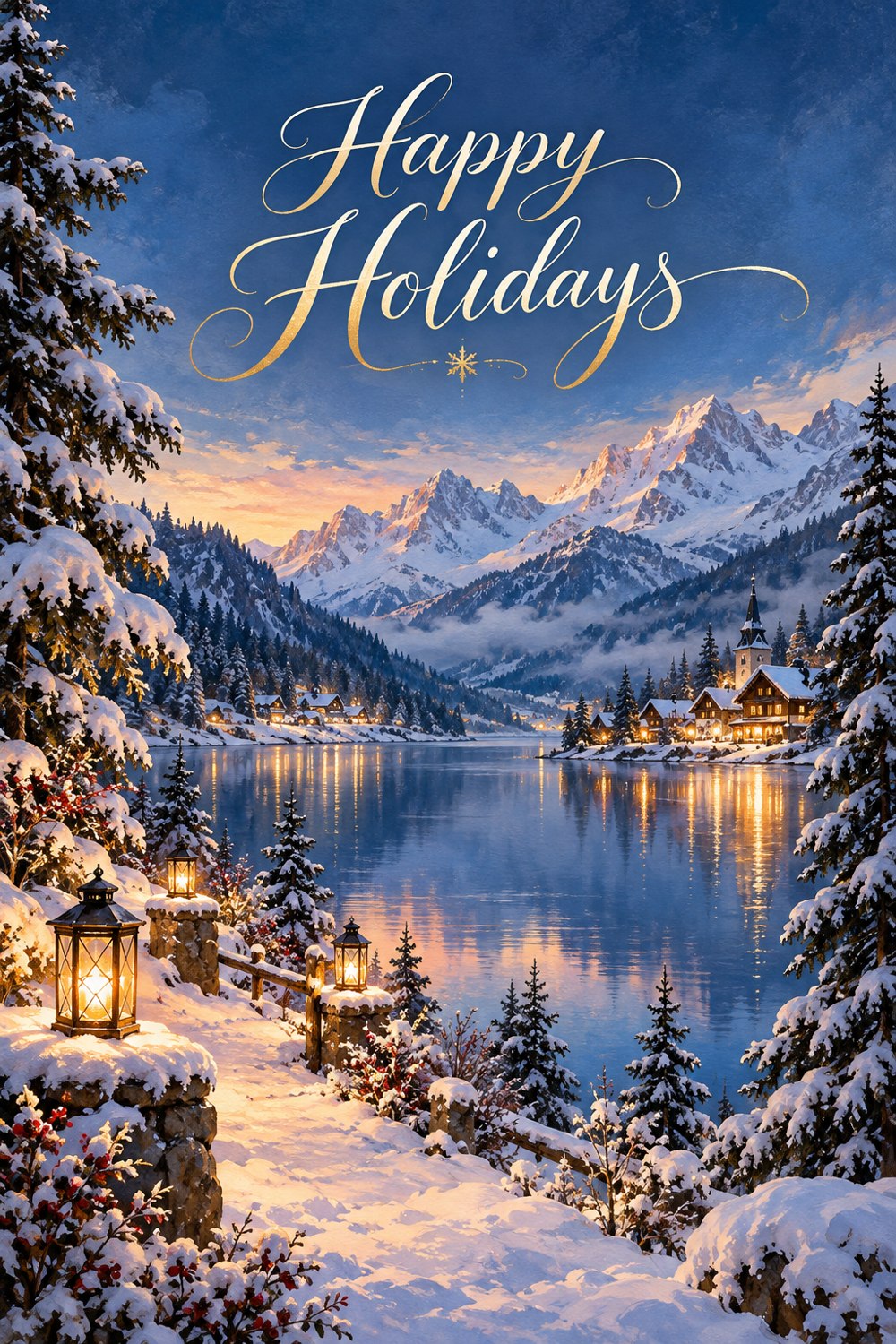 Snowy lake and mountain holiday cover